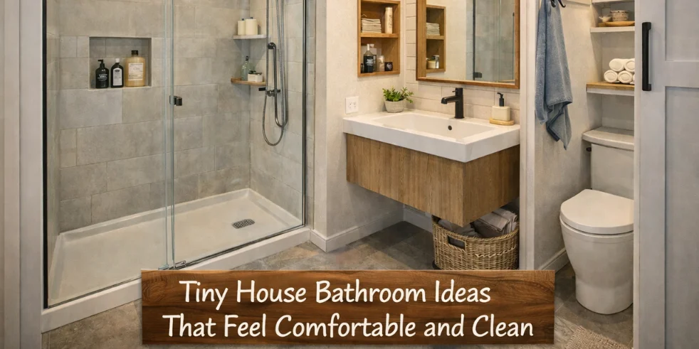 Tiny house bathroom ideas with compact shower and clean layout