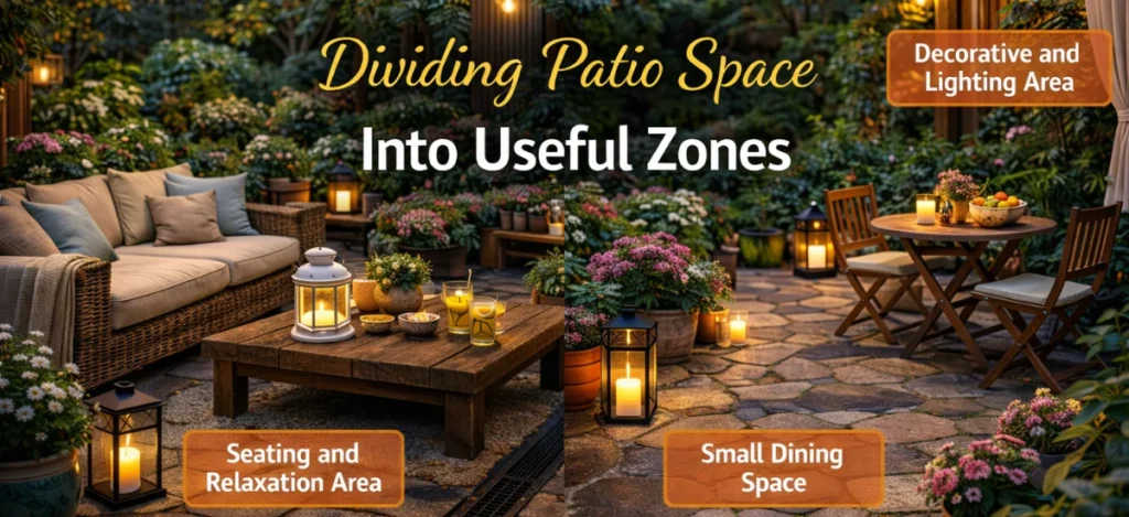 Patio garden divided into seating, planting, and relaxation zones