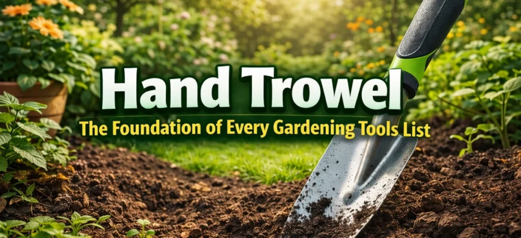 Hand trowel tool for digging, planting, and soil preparation in home gardens