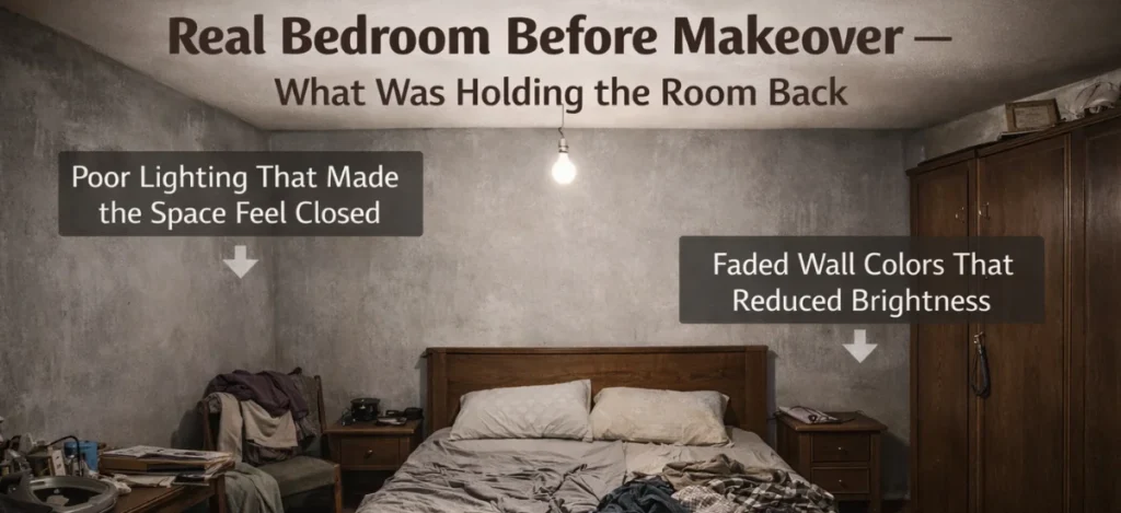 Real bedroom before makeover showing common design problems