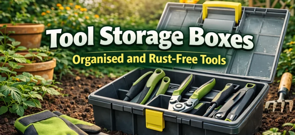 Garden tool storage box for keeping tools organised and rust free