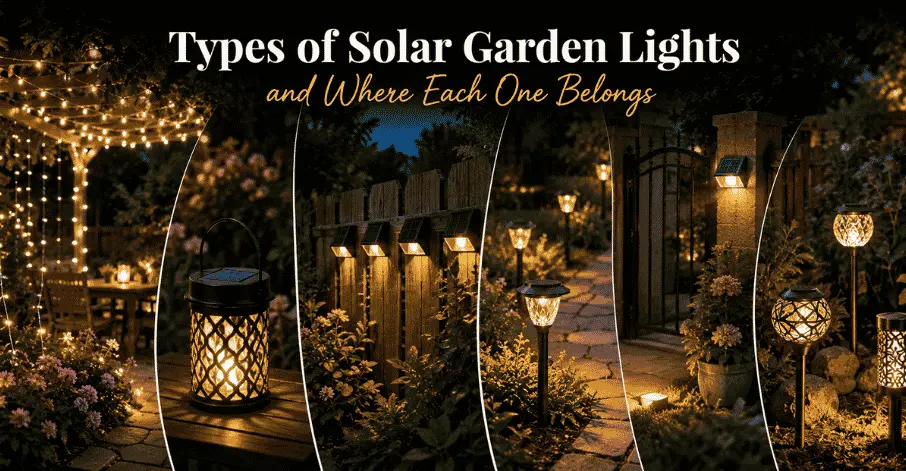 Types of solar garden lights including pathway, fence, gate and decorative garden lights